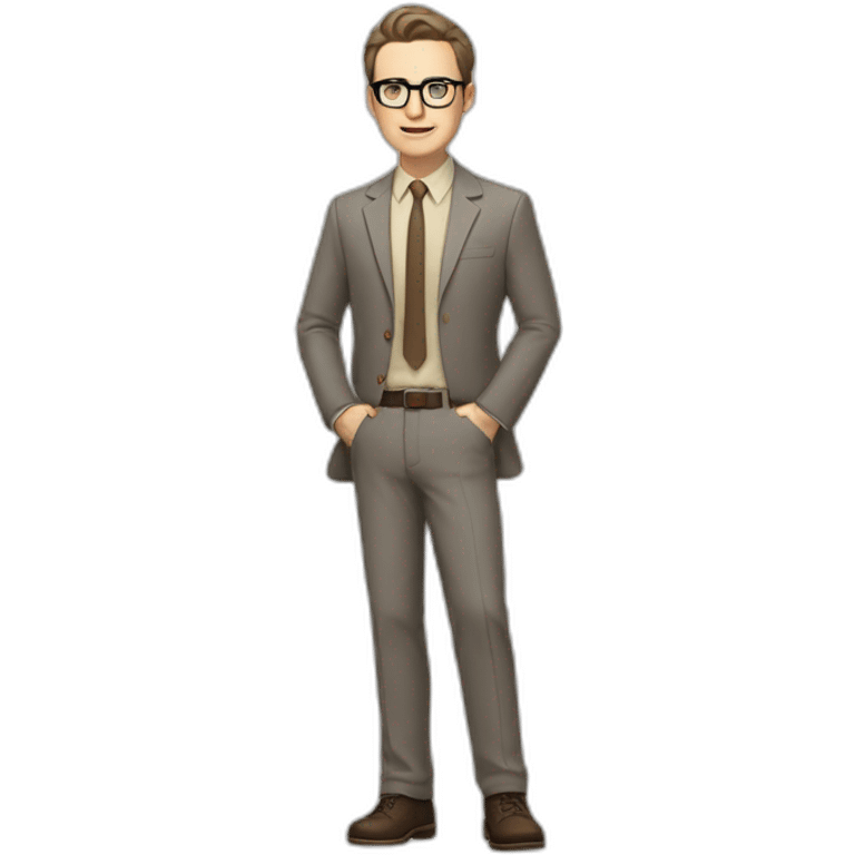 Full height Actively Gesturing Pale skinned fit man with dark brown hair in gray jacket, beige office shirt, brown tie, brown pants and vintage glasses. emoji