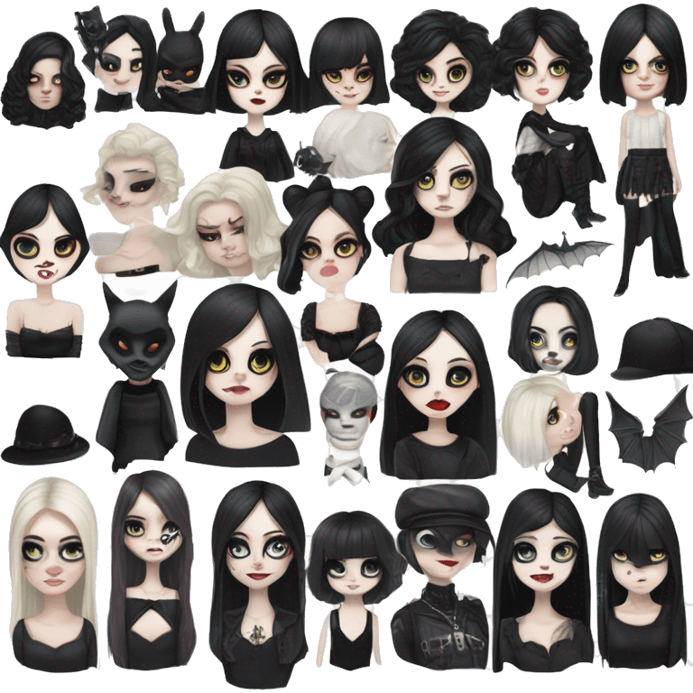 Goth girl, dressed in black, pale skin, trad goth makeup, big, bat like eyeliner, white foundation, black thick hair lk roberts smith from the curr emoji