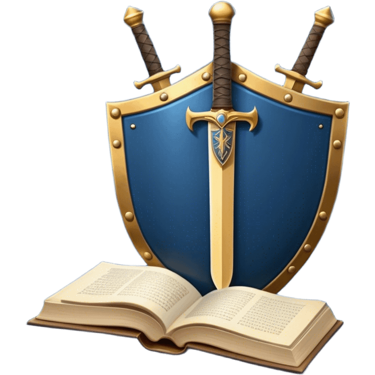 Description: shield with open book in front of it, a sword behind the shield
Color palette: Deep blue background, gold/bronze metallic details 
 emoji