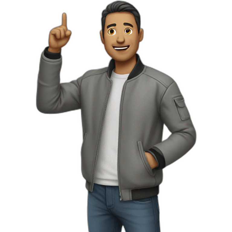 Man with grey détectiv jacket, with one hand pointed in air emoji