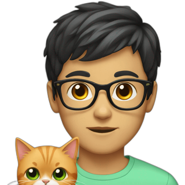 Boy with green eyes, glasses, with black short hair, with orange Persian cat emoji