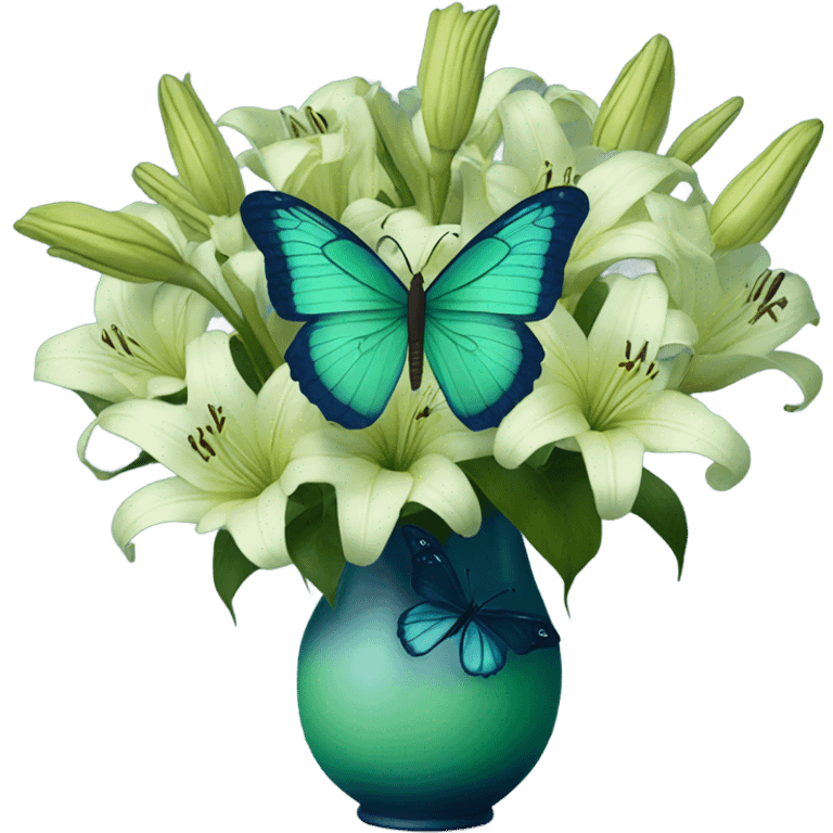 Aesthetic butterfly with blue and green  wings sitting on a dark blue bouquet of Lilies in a pastel green vase emoji