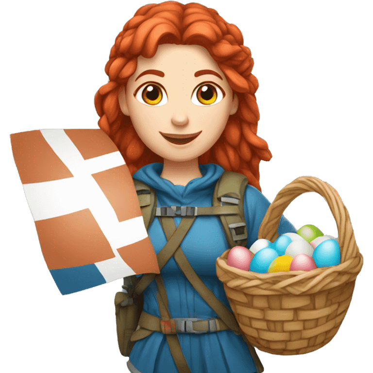 Greek Female winter mountaineer red hair white skin climbing with Greek Flag and Easter eggs basket emoji