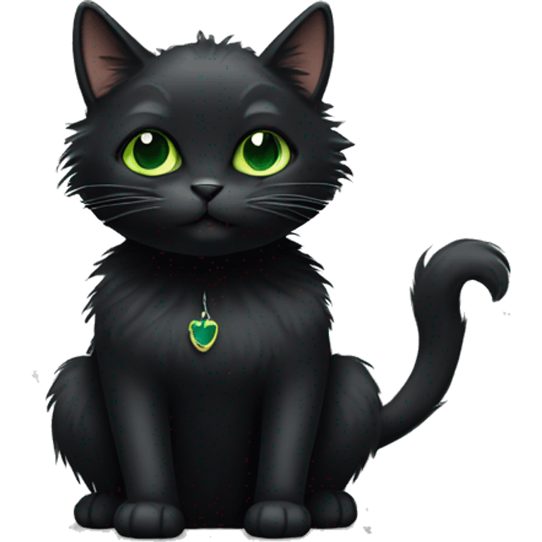 black fluffy cat with green eyes emoji