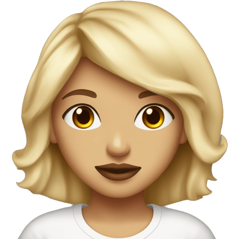 blonde girl, brown eyes, big lips, wearing t shirt that says diva on it emoji