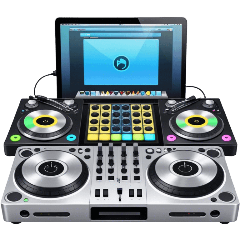 Create a professional and technical emoji that represents remixing music. The design should feature a high-end DJ controller, turntables with vinyl records, and a sound mixing console with faders to symbolize the technical aspects of remixing. Include elements like studio headphones and a laptop or digital audio workstation (DAW) screen to reflect the tools used in music production. Use colors like black, silver, and neon accents to convey the professional, high-tech nature of remixing. The background should be transparent. emoji