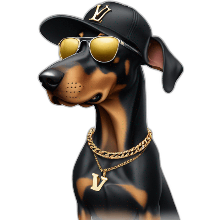 Dobermann dog wearing black Lois Vuitton sun glasses and a cap and a silver Cuban chain emoji