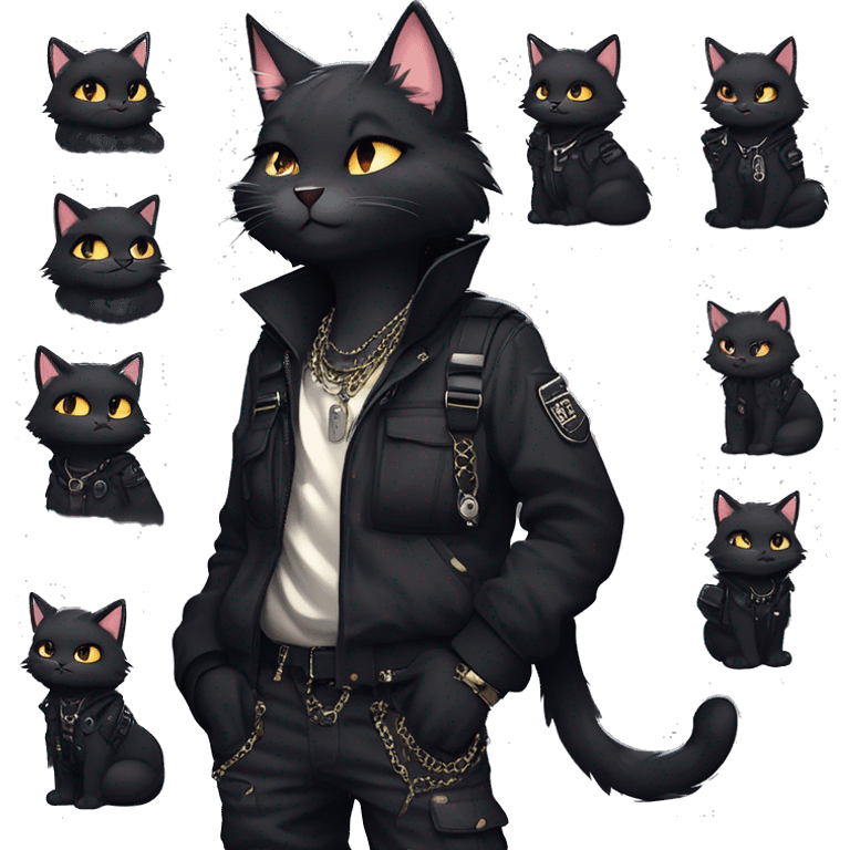 Gorgeous furry gothic dark techwear anime style anthro black cat furry sona Fakemon with blushing face aesthetic and pretty edgy black with collar and harness trending style chains cargo pants tomboy emoji