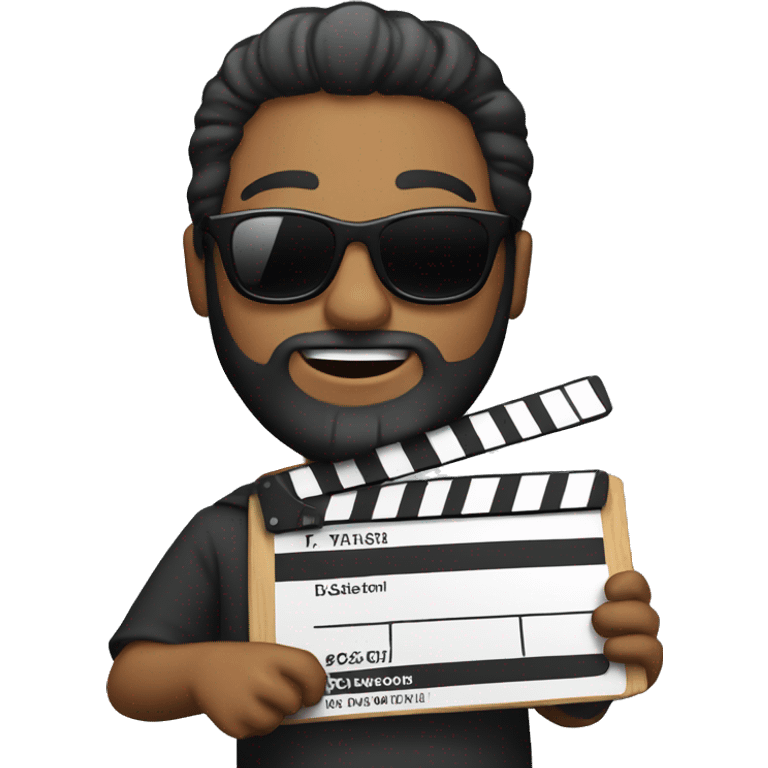 A brown guy with beard and sunglasses holding a clapperboard emoji