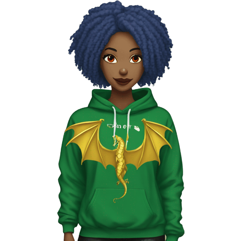 420 Lady with brunette and blue hair, hemp, gold, green dragon wings, maroon hoodie, 420, black and gold Nike t shirt, and bright red eyes emoji