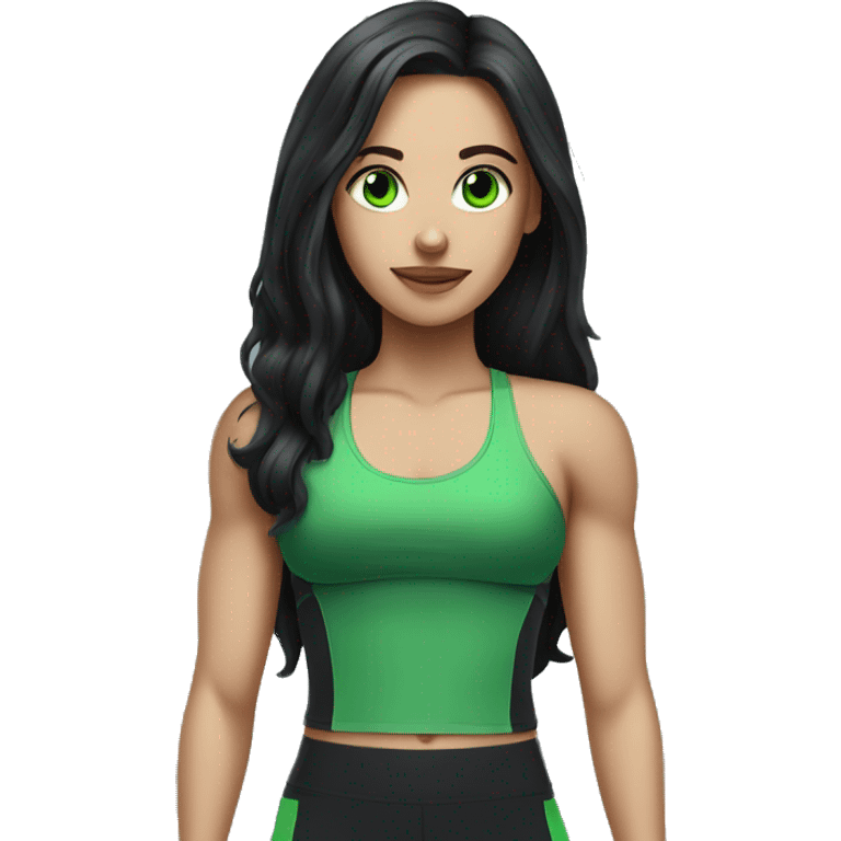 Pale girl with black long hair and green eyes working out in gym emoji