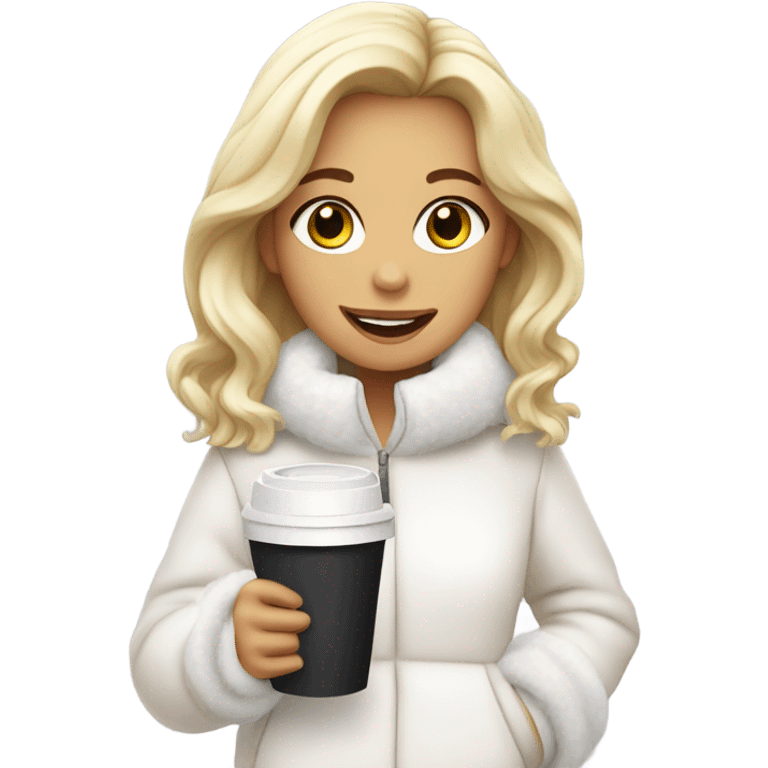 blonde girl wearing white fluffy jacket and a coffee to go in hand all dress white emoji