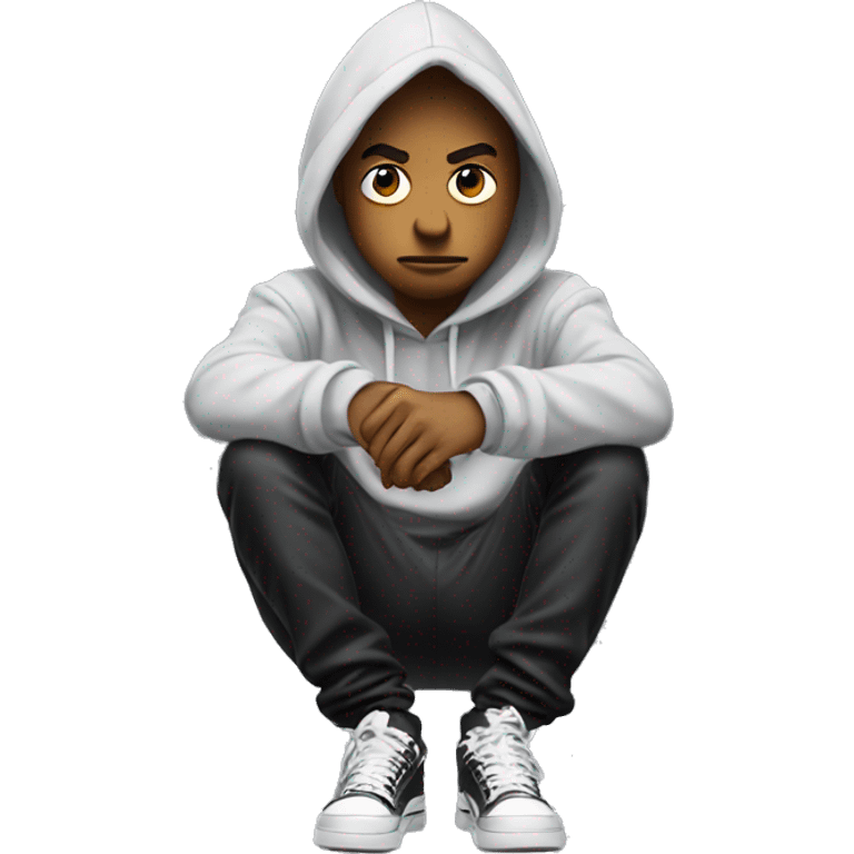 a young hustler in hoodie with evil pound sign eyes sitting head down emoji