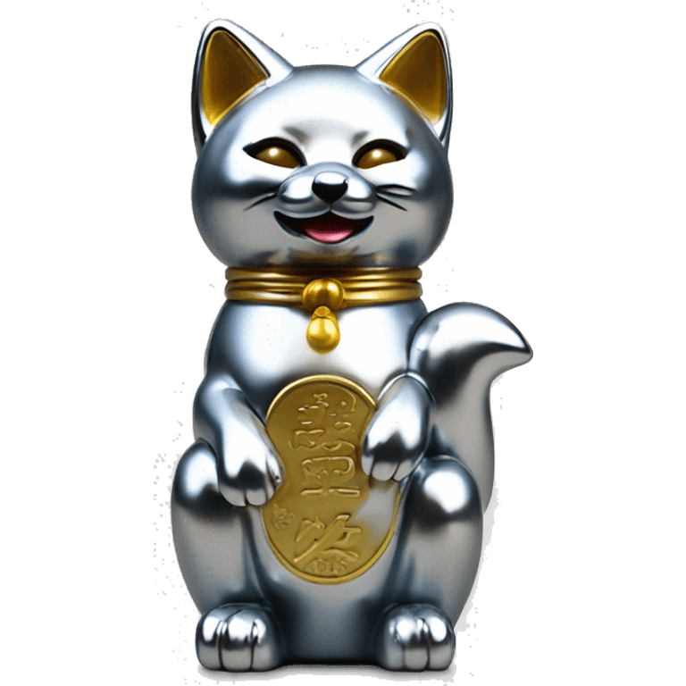 fully chrome fox statue in the form of maneki neko emoji