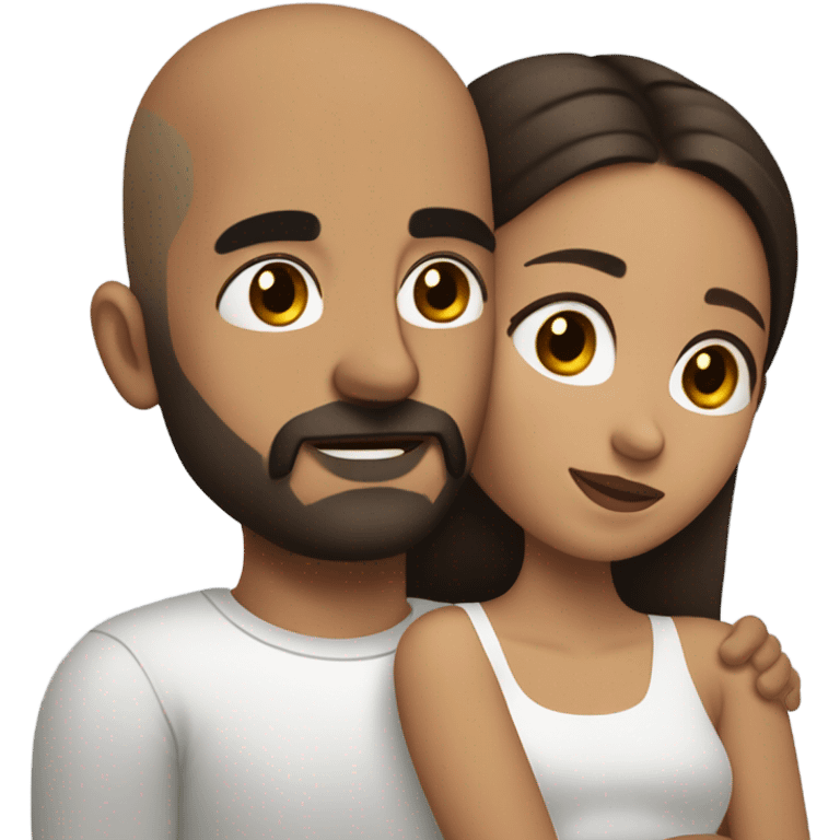 Comforting hug from brunette Puerto Rican with dark brown eyes to short, bald man with brown eyes and a beard emoji