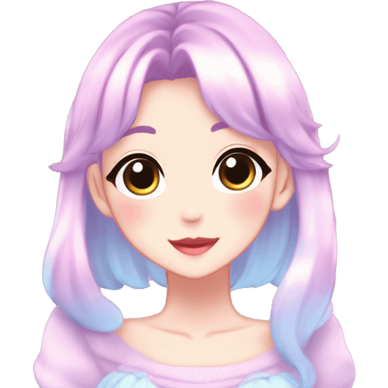 Gorgeous anime style lady blushing face dreamy idol model colorful shiny sparkle kawaii pastelcore cottagecore pearly petite simplistic aesthetic trending style emoji