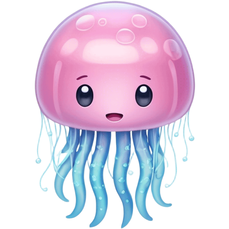 Cinematic floating kawaii jellyfish, tiny round body, soft glowing tentacles, pastel pink and blue hues, delicate sparkling highlights, dreamy and adorable. emoji