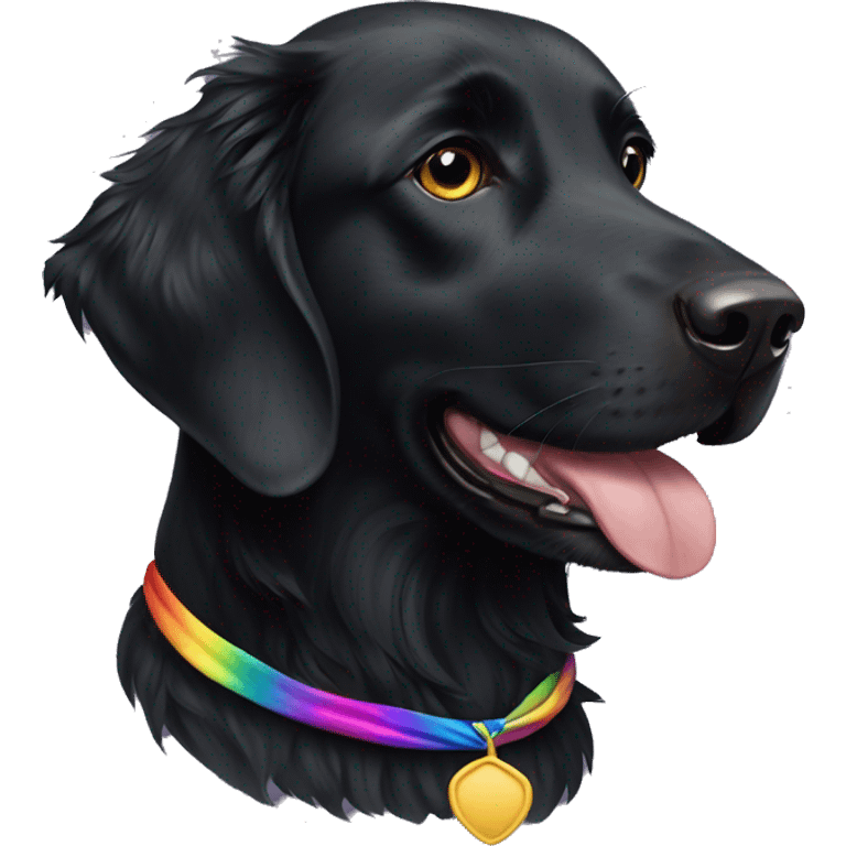 Black Flat coated retriever with small ears and rainbow bandana emoji