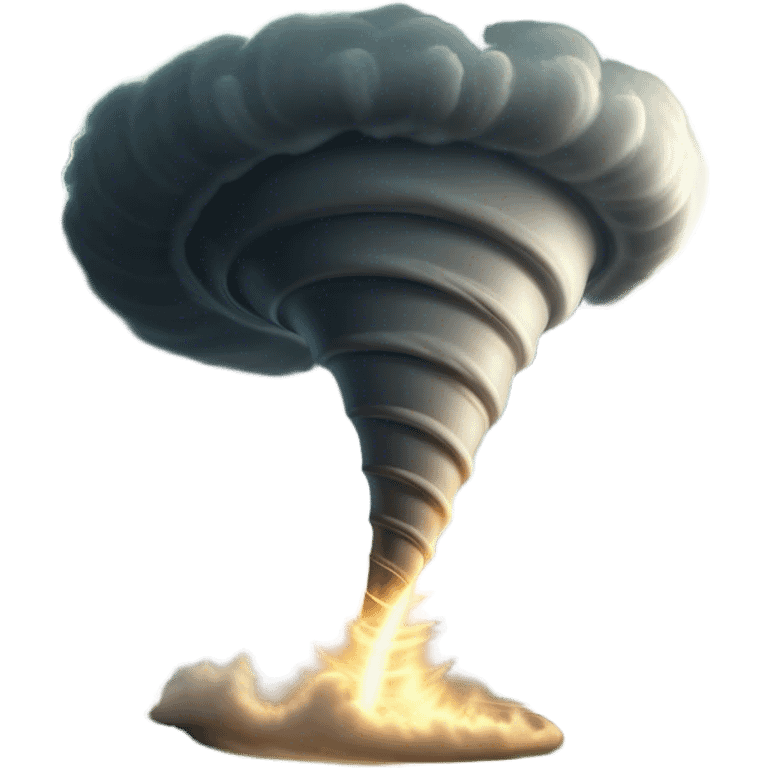 Cinematic Realistic Tornado Emoji, Spiraling fiercely, with dark swirling clouds that twist and stretch downward in a funnel shape. The winds whip up debris as the tornado roars across the landscape, leaving a trail of awe and fear. Soft glowing outline, capturing the essence of wild force and unpredictable power in a mighty tornado! emoji