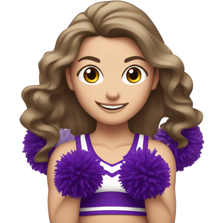 Caucasian cheerleader with long brown hair, holding up two purple Pom poms emoji