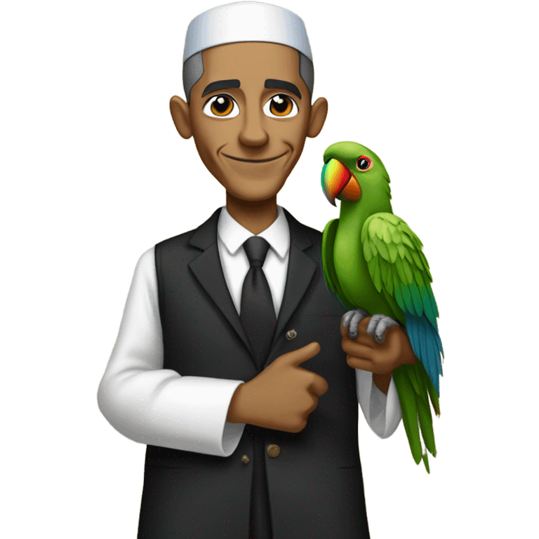 Barack Obama in Jewish orthodox clothing with a parrot on his shoulder and doing a peace sign  emoji