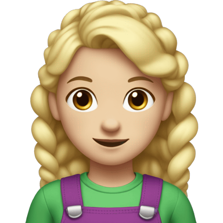 A little blonde girl with pigtails and little purple bows wearing a red long-sleeved shirt and purple overalls with blue tights with green polka dots and purple sneakers. emoji