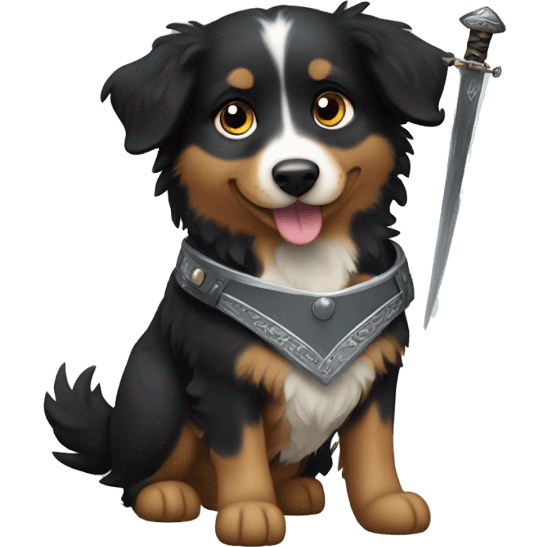 Small black australian shepherd dog with a sword emoji