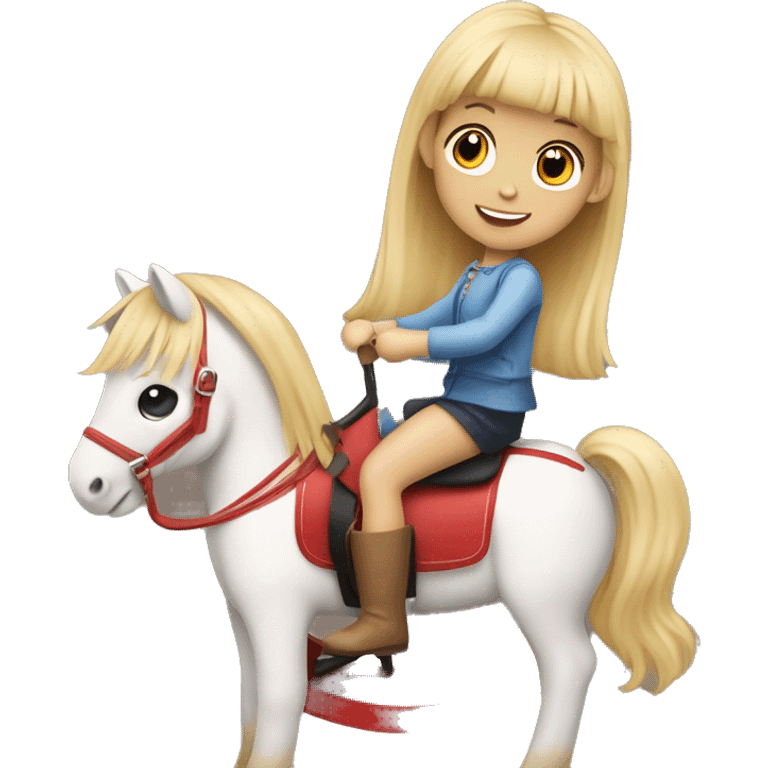 a little blonde girl with bangs and two ponytails rides a rocking horse emoji