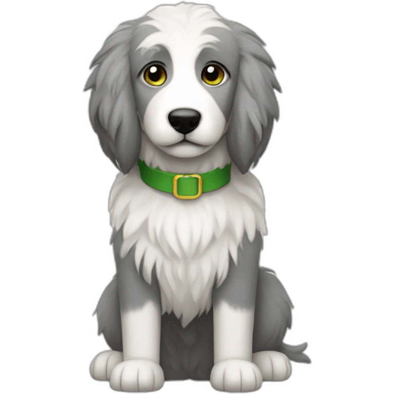 primarily grey and sometimes white, flully, skinny sheepdog with black eyes that are partially covered by fur, and a green collar emoji