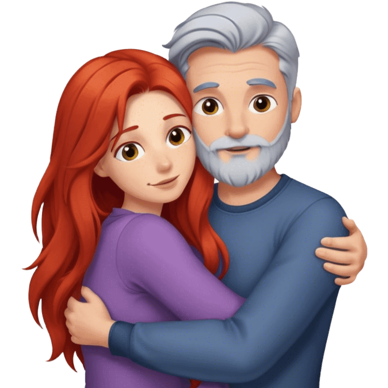 Long red hair woman and young gray hair man with beard hugging emoji