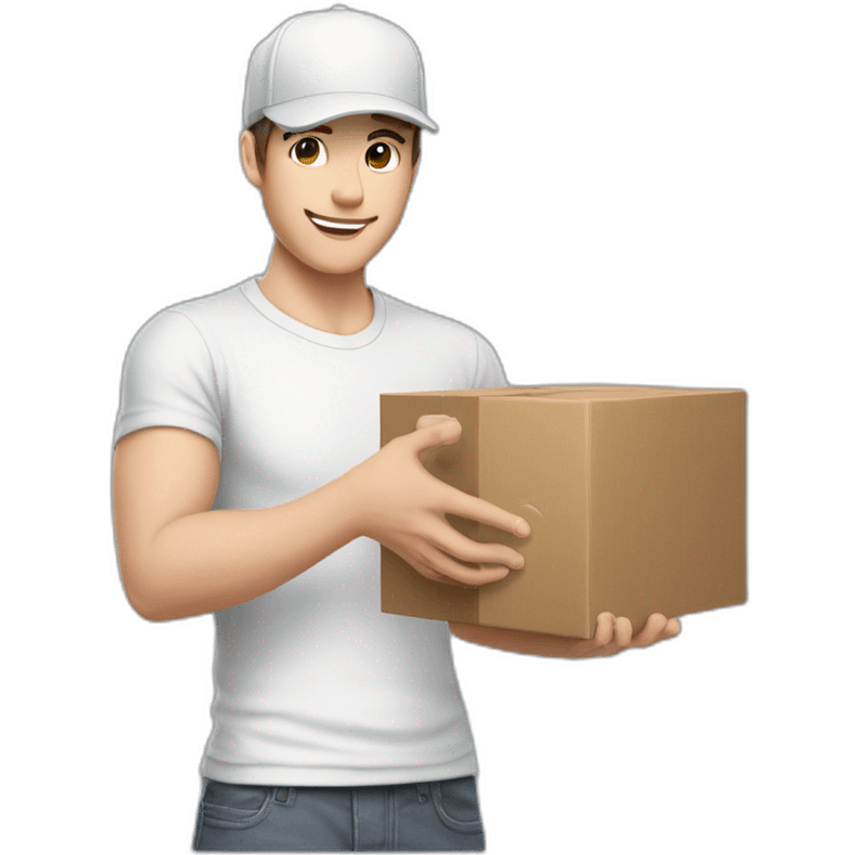 Pale skinned fit Man with dark brown hair in a white cap, gray jeans and gray polo T-shirt keeping a pasted box into his hands emoji