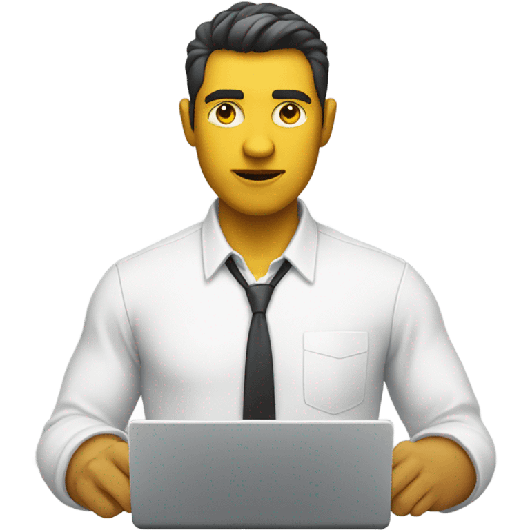 yellow skin man typing on white keyboard on desk wearing white button down shirt front view emoji