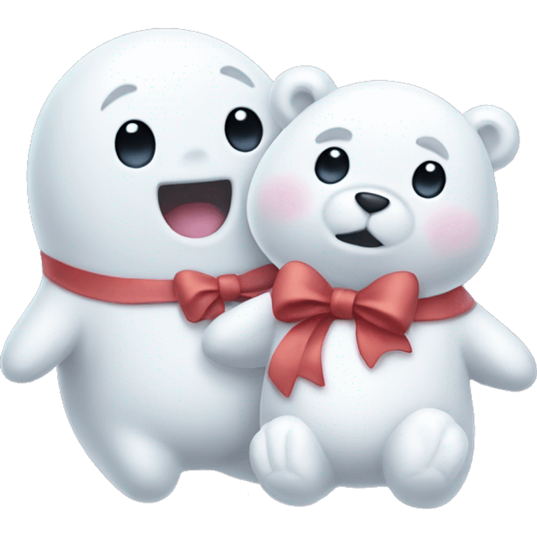 Cute white ghost with bow and baby bear friend emoji