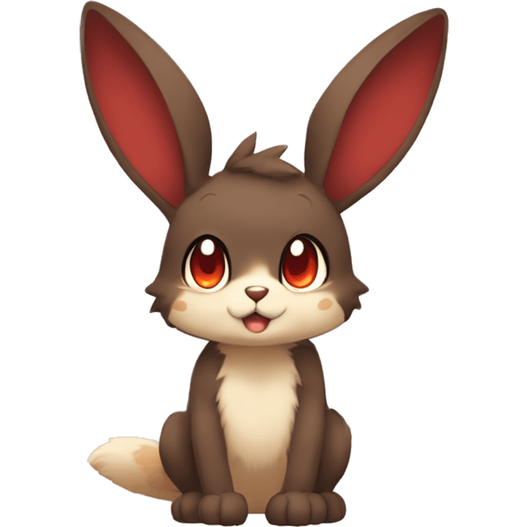 Cute, Chibi, Kemono-style, Anthro, Fur-Sona, Dark-Brown, Normal-type-Ground-type Tan-Rabbit-Fakémon with Dark-Red eyes, beige belly, beige paws, beige feet, beige freckles, full body emoji