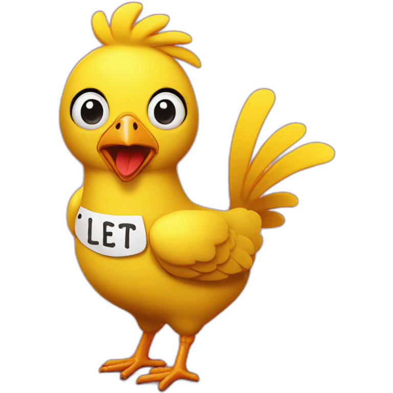 Chica is a yellow animatronic chicken with a bib with an inscription Let's eat emoji