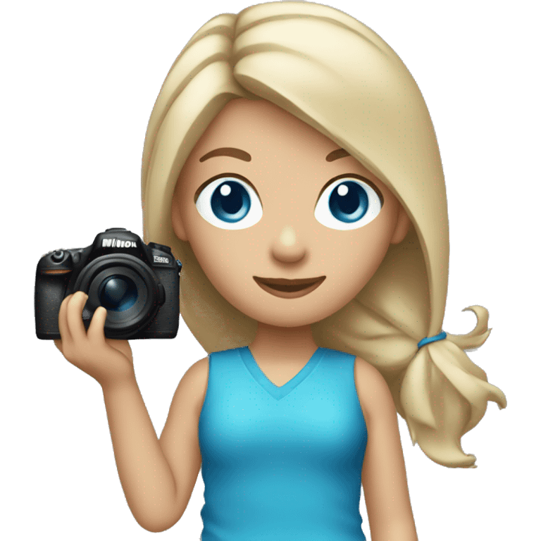 Girl with dark blonde loose ponytail and BLUE eyes Holding a Nikon Camera in her hands emoji