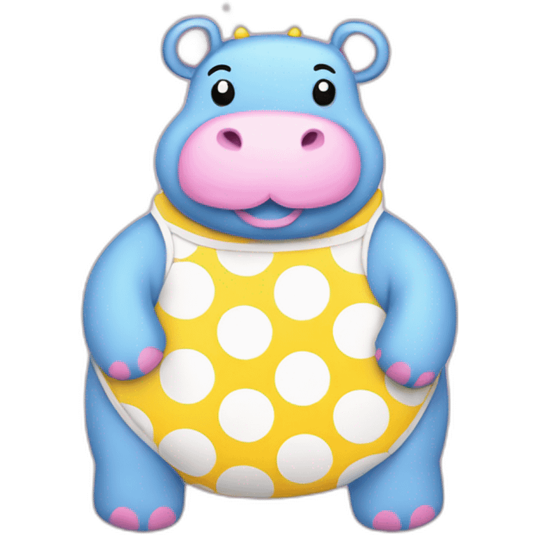 Pink cute hippo with yellow ears, yellow belly, belly pouch in blue with white polka dots emoji