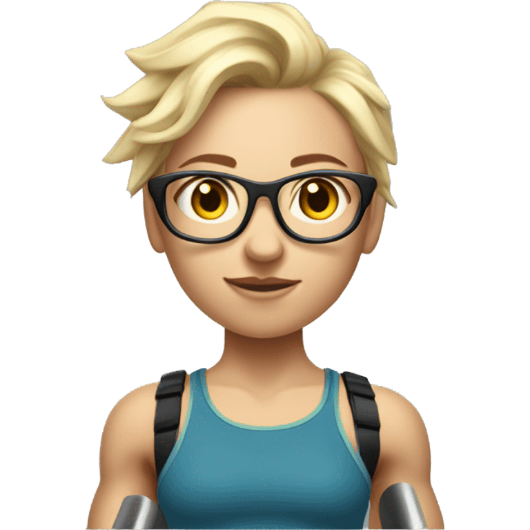 White Sports Girl with short spiky blonde hair glasses wearing shorts holding barbell on shoulders emoji