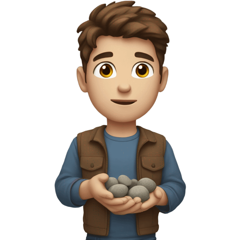 boy with brown hair and blue eyes holding rocks emoji