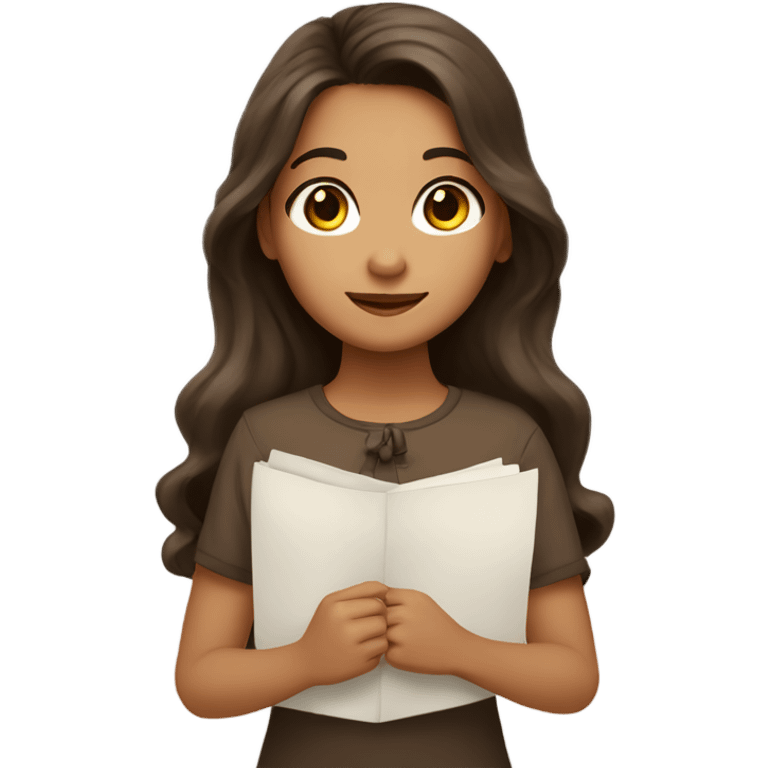 girl with olive skin, brown eyes and brown long wavy hair, an a bow holding papers emoji