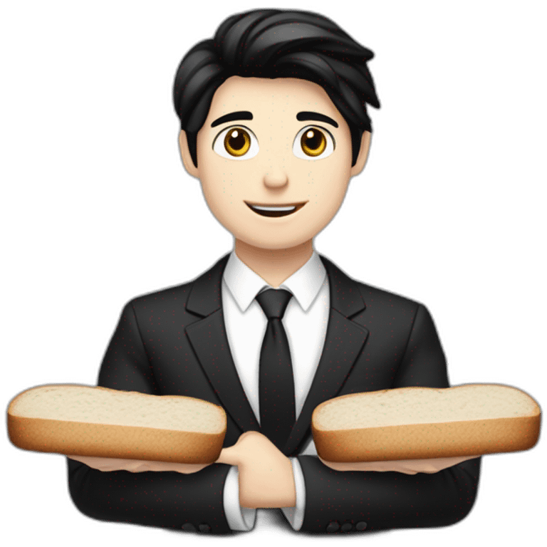 Full height Pale skinned Fit Man With black hair and medium black bread in classic black suit, white office shirt. Thrumbs of his palms directed up emoji