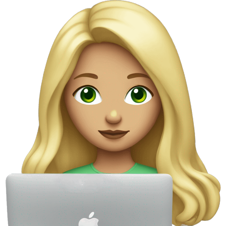 young blonde girl with green eyes sits at macbook emoji