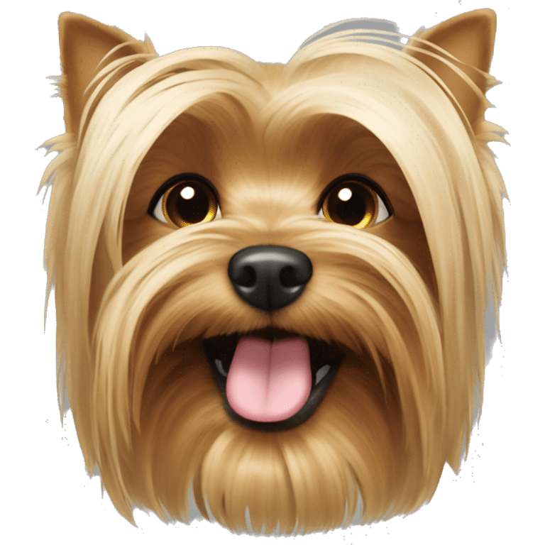 Yorkshire Terrier, longer hair covering his face, long bangs, blinking, smiling, tongue out emoji