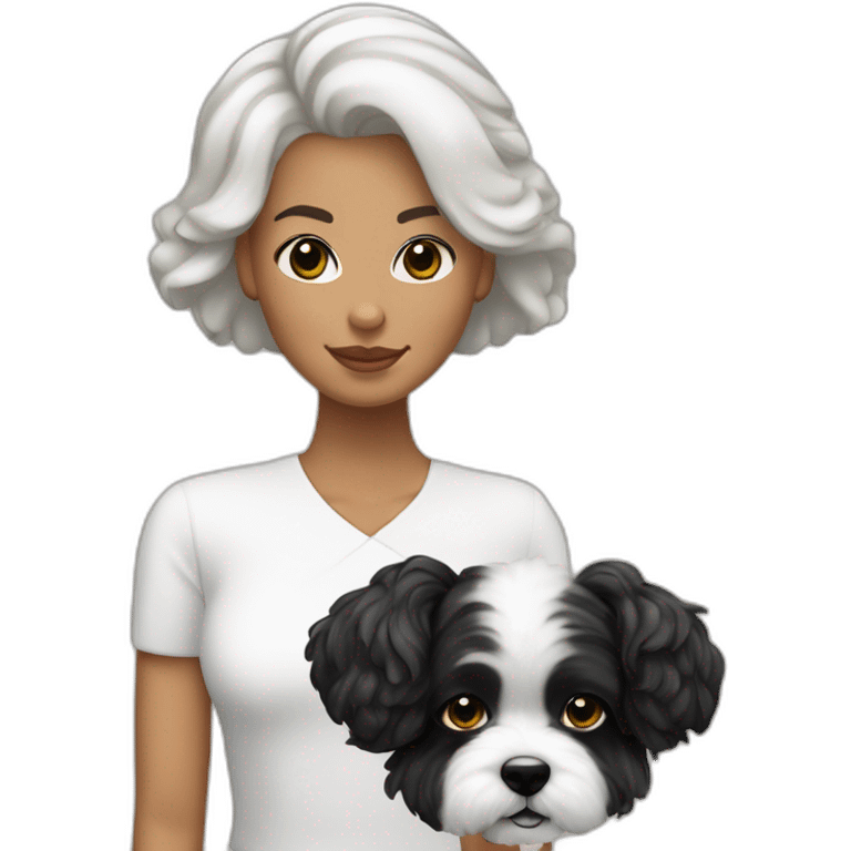 mujer piel blanca con peinado de chongo negro con perro bichon blanco emoji