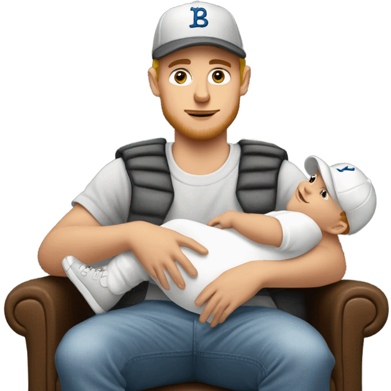 Young white man in baseball hat rocking a white baby in puffy grey rocker  emoji