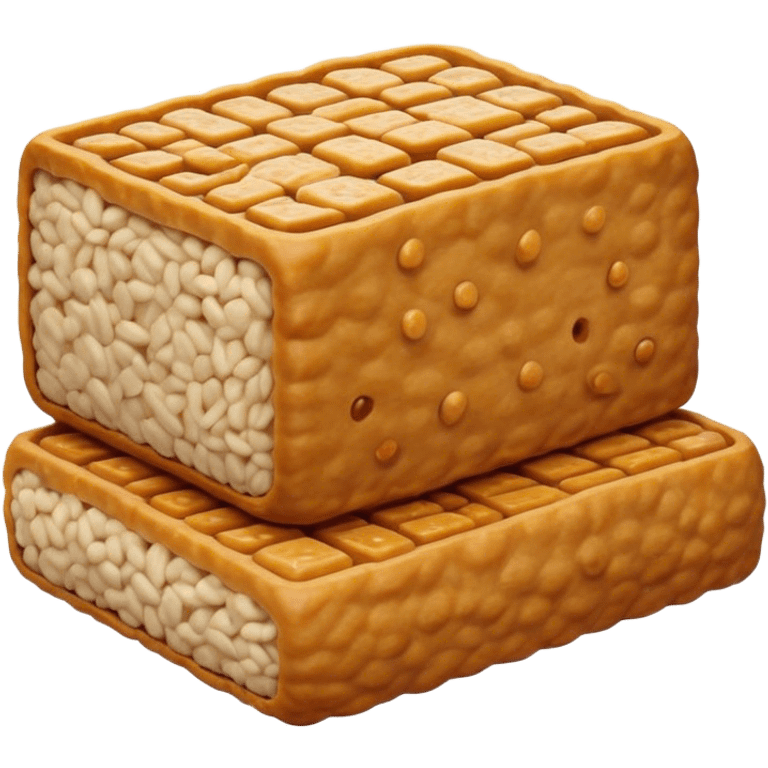 Cinematic Realistic Tempeh Dish Emoji, showcasing fermented soy cake cooked to a crispy finish rendered with lifelike textures and warm, inviting lighting. emoji