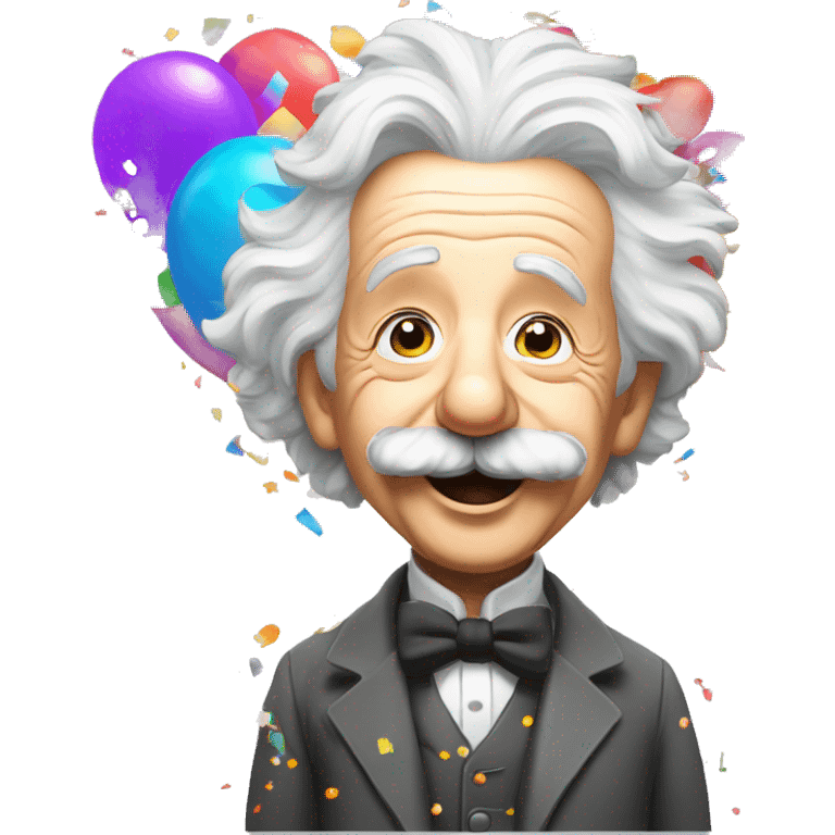 happy albert einstein shooting colorful confetti popper with partty baloons emoji