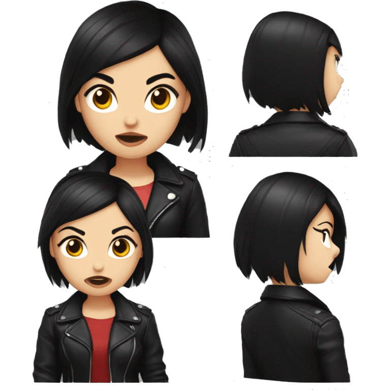 girl, short black hair, with cat ears, red eyes, black collar on neck, wearing leather black jacket, angry emoji