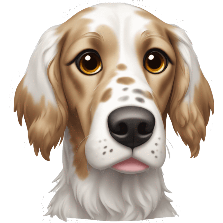 English Setter face, brown eyes, black face and ears, white patch on right cheek, white patch on top of head, NO BROWN FUR COLORATION emoji