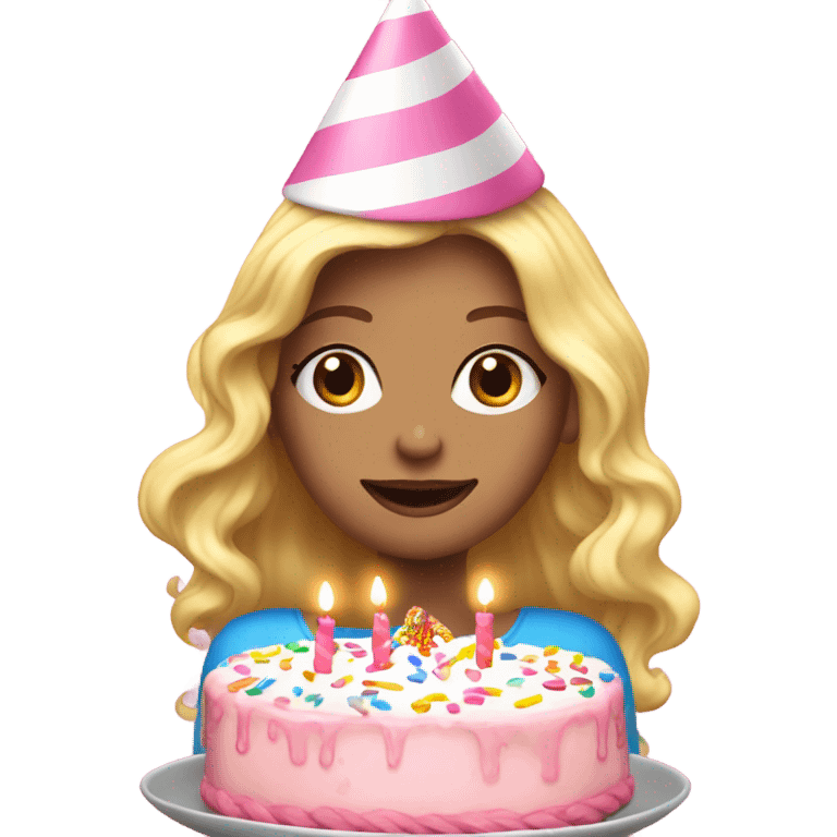 White woman, long hair, blonde hair, wavy hair, baby pink party hat, holding birthday cake emoji